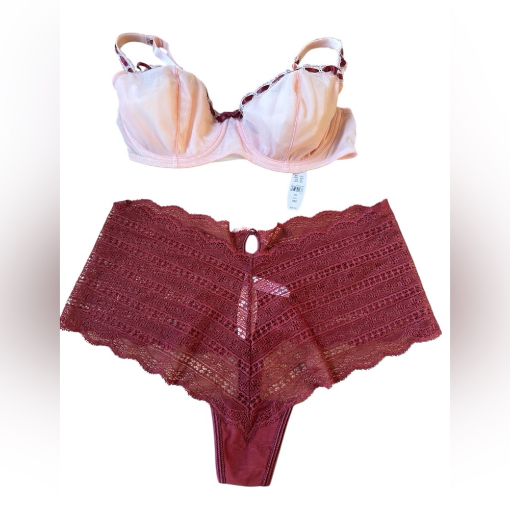 Elegant Victoria's Secret pale Pink and Maroon Lace Lingerie Set NWT